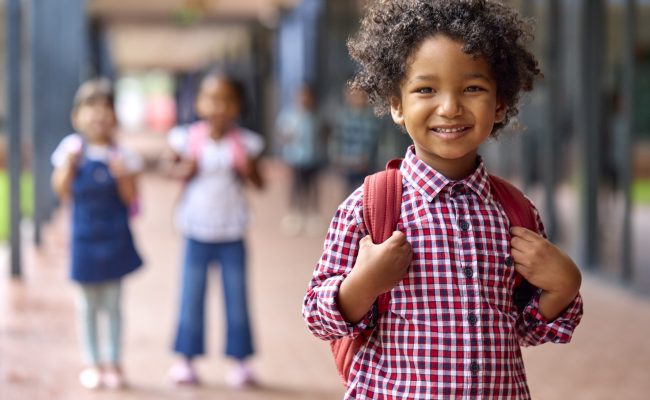 Portrait Of Smiling Male Elementary School Pupil Outdoors With Backpack At School